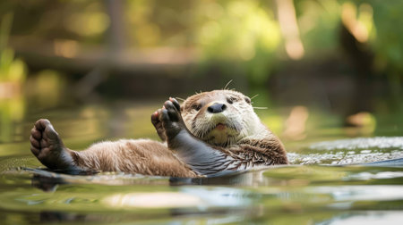 A happy otter floating on its back in a river, its face reflecting joy and contentment.の素材