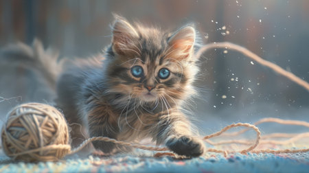 A playful kitten chasing a ball of yarn, its eyes filled with joy and curiosity.の素材