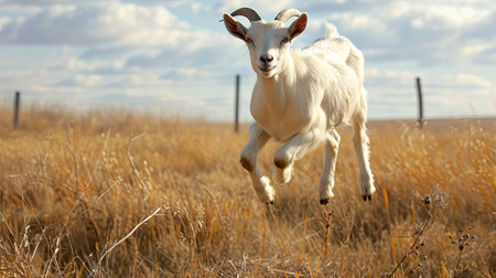 A joyful goat jumping playfully in the field, its face beaming with happiness.の素材