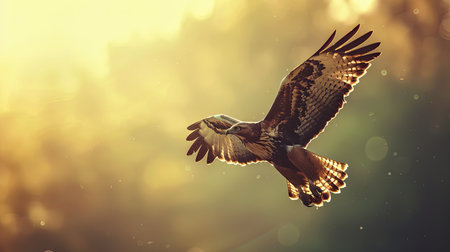 A lonely hawk flying alone in the sky, its wings spread wide with a sense of solitude.の素材