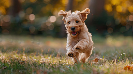 A playful puppy running through the park, its tail wagging with happiness.の素材
