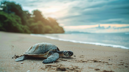A sad turtle sitting alone on the beach, looking forlorn and lonely.の素材