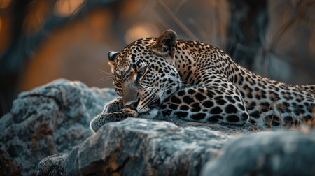 A sad leopard lying alone on a rock, looking forlorn and lonely.の素材