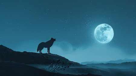 A lonely wolf standing on a hilltop, howling at the moon with a sense of solitude.の素材