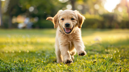 A playful puppy running through the park, its tail wagging with happiness.の素材