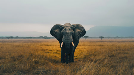 A melancholic elephant standing alone in a vast field, capturing a sense of loneliness.の素材