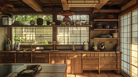 Japanese-style kitchen with minimalist wooden cabinetry, shoji screens, and traditional tea sets.の素材