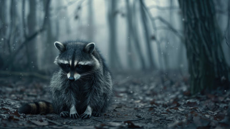A sad raccoon sitting alone in the woods, looking forlorn and lonely.の素材