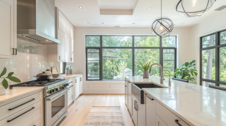 Bright modern kitchen with large windows, a neutral color palette, and clean lines.の素材
