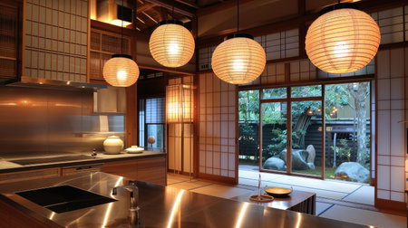 Japanese kitchen featuring a mix of modern and traditional elements, with paper lanterns and sleek countertops.の素材