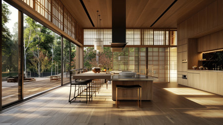 Spacious Japanese kitchen with minimalist decor, large windows, and an island for communal dining.の素材