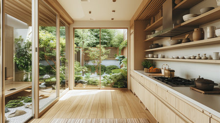Japanese kitchen featuring clean lines, open shelving with ceramic dishes, and a zen garden view.の素材