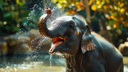 A happy elephant spraying water with its trunk, its face reflecting joy and playfulness.の素材