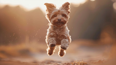 A joyful dog jumping in the air, its face beaming with happiness and excitement.の素材