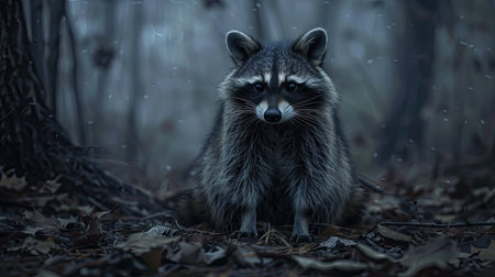 A sad raccoon sitting alone in the woods, looking forlorn and lonely.の素材