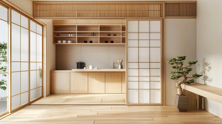 Compact Japanese kitchen with clean lines, sliding doors, and a minimalist aestheticの素材