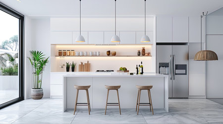 Minimalist kitchen with clean lines, white cabinetry, and a clutter-free design.の素材