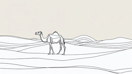 A minimalist line drawing of a camel walking through the desert.の素材