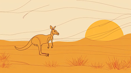 A minimalist line drawing of a kangaroo hopping through the Australian outback.の素材