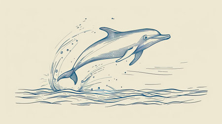 A minimalist line drawing of a dolphin jumping out of the ocean.の素材