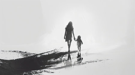 A minimalist sketch of a mother and child walking together, holding hands.の素材