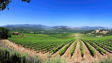 A panoramic view of a vineyard with rows of grapevines and a distant winery.の素材