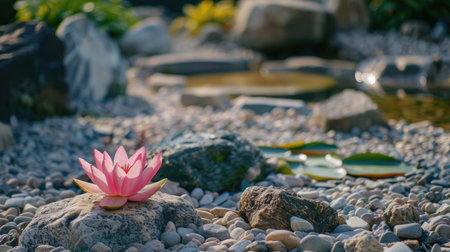 A pink lotus flower in a zen garden, symbolizing peace and tranquility.の素材