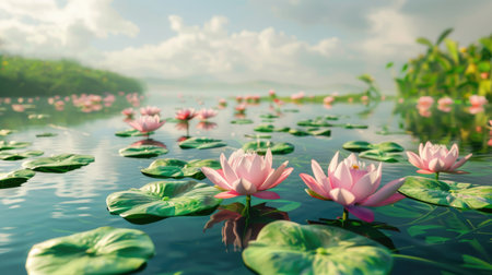 A serene pond filled with lotus flowers and lily pads, under a bright sky.の素材