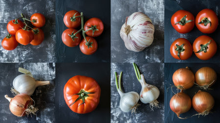 A set of 8 photos highlighting fruits and vegetables used in cooking, like onions, garlic, and tomatoes.の素材