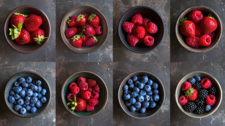 A set of 8 photos of berries, including strawberries, blueberries, and raspberries.の素材