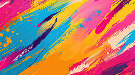 A vibrant, abstract background with bold, colorful splatters and strokes.の素材