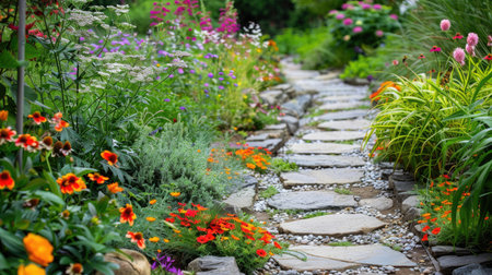 A tranquil garden with a stone pathway and colorful flowers.の素材