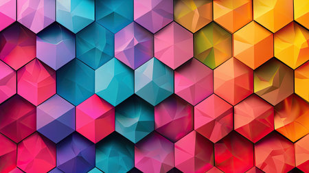 A vibrant background with a pattern of colorful, overlapping hexagons.の素材