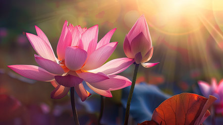 A vibrant lotus flower with its petals wide open, basking in the sunlight.の素材
