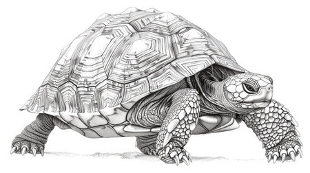 An intricate line drawing of a turtle walking slowly.の素材