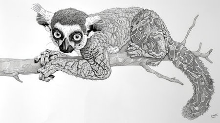 An intricate line drawing of a lemur clinging to a branch.の素材