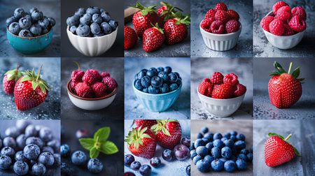 A set of 8 photos of berries, including strawberries, blueberries, and raspberries.の素材
