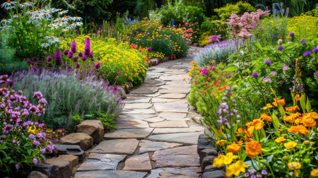 A tranquil garden with a stone pathway and colorful flowers.の素材