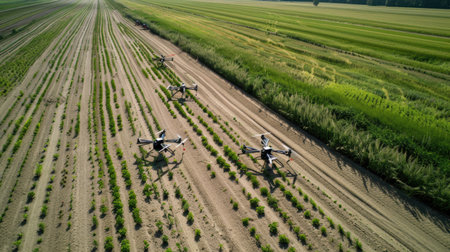 Aerial image of drones monitoring farmlands, demonstrating the benefits of precision agriculture for productivity.の素材