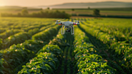 Aerial shot of drones over crop fields, highlighting the use of advanced technology in modern farming.の素材
