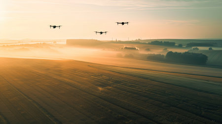 Drones flying over expansive farmlands, demonstrating the impact of precision farming on productivity.の素材