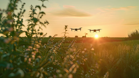 Drones flying over a large farm, demonstrating the impact of precision agriculture on productivity and efficiency.の素材