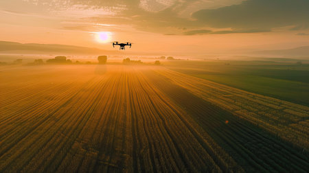 Drones surveying a large farm, highlighting the impact of technology on precision agriculture and productivity.の素材