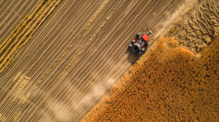 Drones surveying a large farm, highlighting the impact of technology on precision agriculture and productivity.の素材
