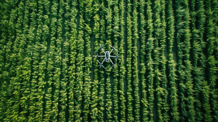 High-tech drones monitoring crops from above, representing the future of farming with precision techniques.の素材