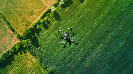 High-tech drones monitoring agricultural lands from above, representing the future of farming practices.の素材