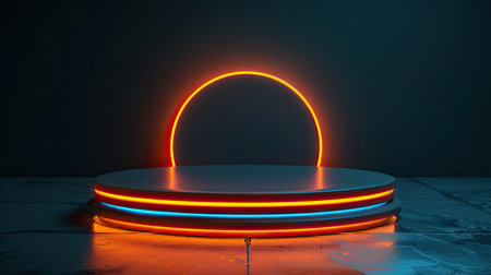Cyber podium with vibrant neon orange glow, perfect for showcasing contemporary products, set against a dark backdrop.の素材