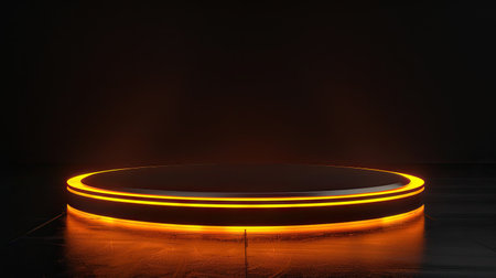 Cyber stage podium with neon orange glow, ideal for modern product showcases, isolated on a black backdrop.の素材