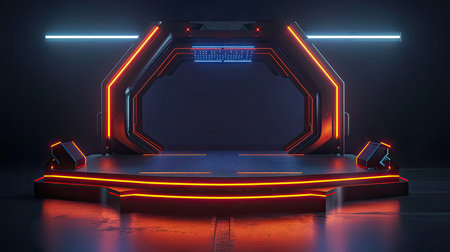 Futuristic cyber stage podium with neon orange lighting, ideal for high-tech product showcases, set against a dark backdrop.の素材
