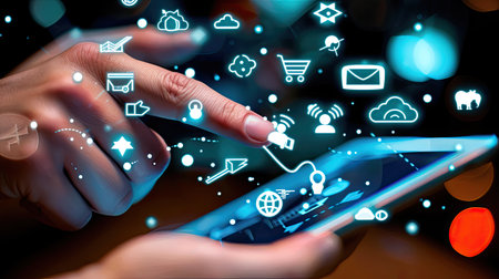 Hand interacting with a tablet PC, surrounded by network icons representing the digital economy and online education, side view.の素材